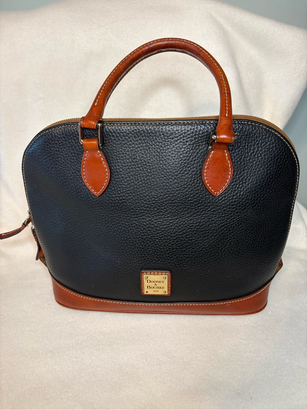 Dooney & Bourke Black with Brown Trim Pebbled Leather Satchel